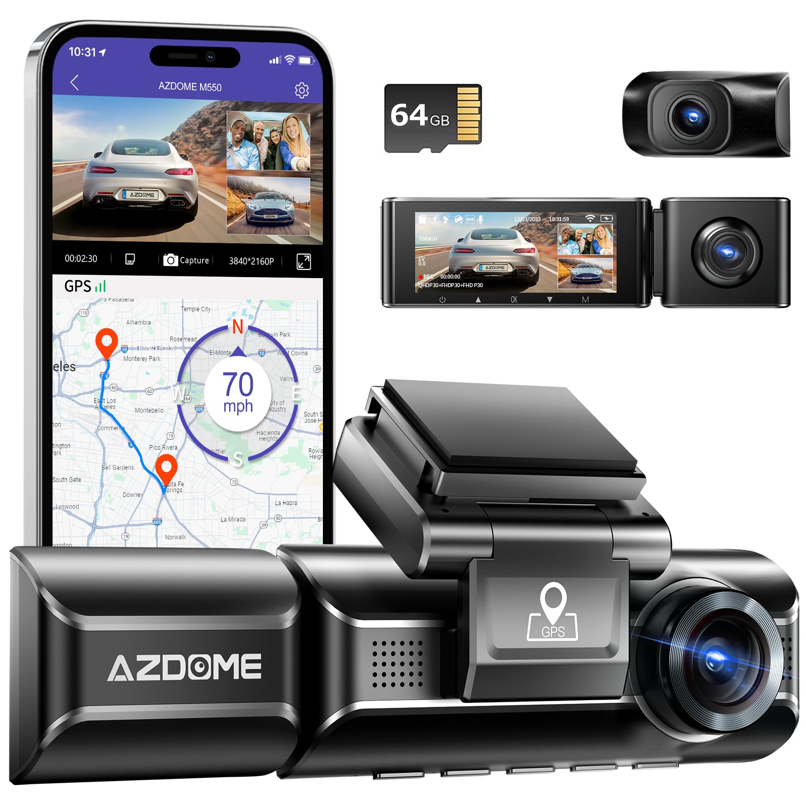 AZDOME M550 3 Channel Dash Cam, 4K+1080P Dual Dash Camera for Cars Built-in WiFi GPS, 1440P+1080P+1080P Front and Rear Inside, 64GB Card Included, 3.19