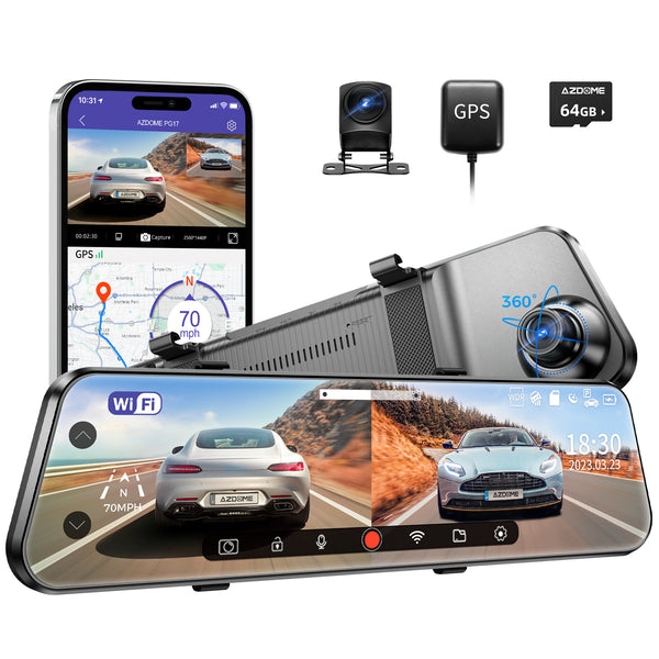 AZDOME PG17 WiFi Rear View Mirror Camera, 12" Mirror Dash Cam, Dual Camera 2.5K Front and 1080P Rear Camera for Car, Free 64GB TF Card, Waterproof Backup Camera Night Vision, Parking Assistance GPS