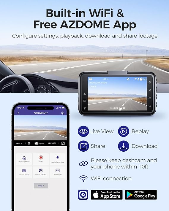 Load image into Gallery viewer, AZDOME M17 WiFi Dash Cam, FHD 1080P Car Driving Recorder, 3&quot; Screen Dashboard Camera 150° Wide Angle, Smart Dash Camera with Driving Assistant ADAS, G-Sensor Loop Recording Night Vision Parking Mode
