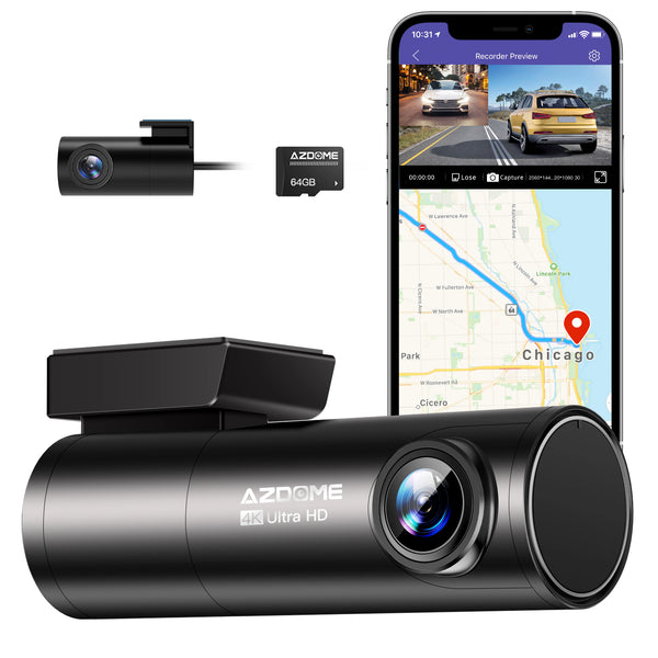 AZDOME M300S 4K Dash Cam with 5.8G WiFi 64GB SD Card, 170° Dash Cam Front and Rear GPS Voice Control WDR Night Vision G-Sensor 24H Parking Monitor, Easy to Install, Max Up Support to 256GB