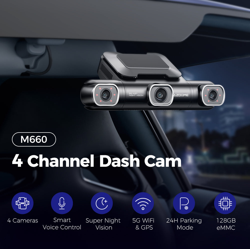 AZDOME M660 4 Channel 360° Dash Cam Front Rear Inside with 128GB eMMC, 2.5K+1K+1K+1K Dashcam 5G WiFi Dash Camera for Cars, IR Night Vision, Smart Voice Control, Parking Mode, Fatigue Driving Reminder