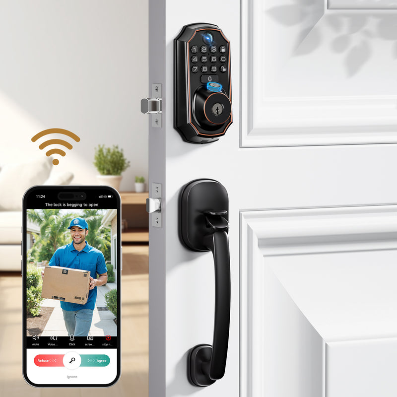 Load image into Gallery viewer, Arpha D289H Keyless Entry Door Lock Deadbolt with Handle Set - WiFi Door Lock with Camera - 5 in 1 Camera+Doorbell+Fingerprint Keyless Entry Door Lock, App Control, Auto Lock Easy to Instal, Waterproof
