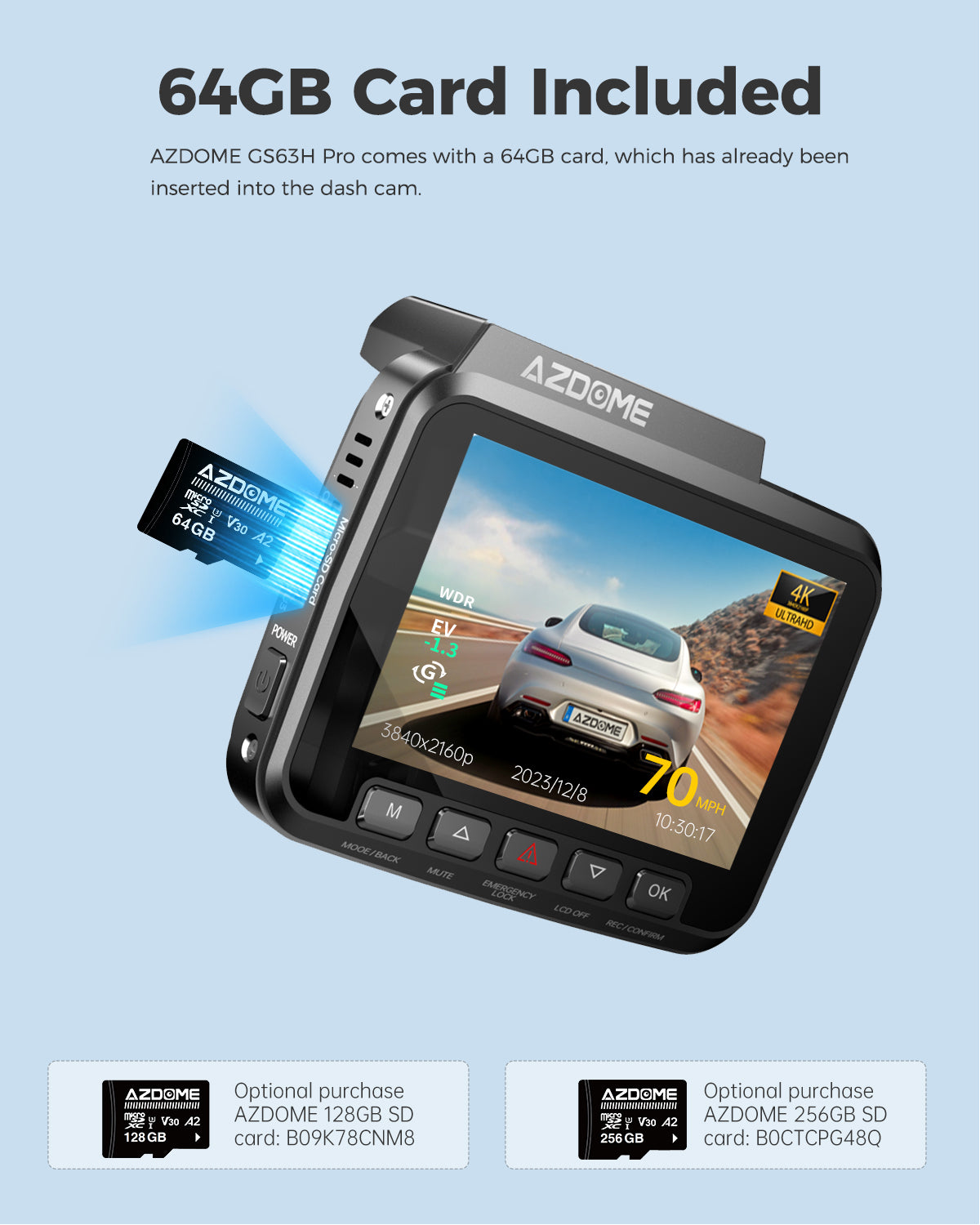 AZDOME GS63H Pro 4K Dash Cam Front and Rear, 2160P Car Camera for Car, 64GB Card Included, WiFi Dash Cam with GPS and Speed, 2.4