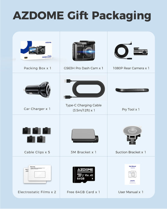 AZDOME GS63H Pro 4K Dash Cam Front and Rear, 2160P Car Camera for Car, 64GB Card Included, WiFi Dash Cam with GPS and Speed, 2.4" Screen Dashcam with WDR Night Vision Motion Detection 24H Parking Mode