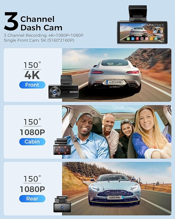 Load image into Gallery viewer, AZDOME M580-3CH 5K 5GHz WiFi 3 Channel Dash Cam, 4 Inch Touchscreen Dash Cam, Free 64GB Card 4K+1080P GPS WDR Night Vision 24H 4 Modes Parking Monitor, Max up Support to 256GB
