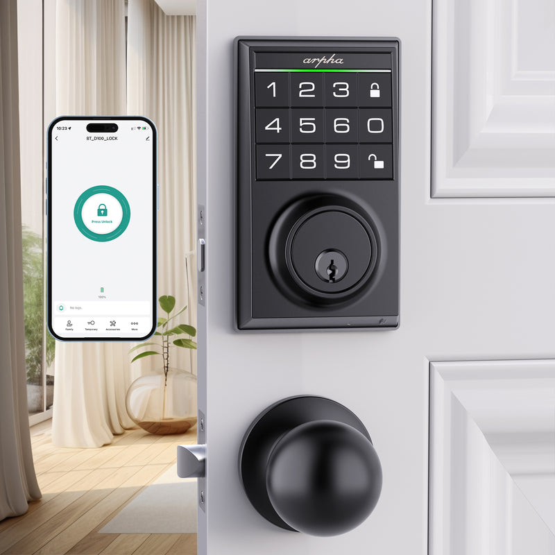 Load image into Gallery viewer, Arpha D100K Keypad Door Lock with Handle - App Control Keyless Entry Door Lock - Smart Keypad Deadbolt with 2 Door Knobs - 100 Code Door Locks for Front Door - One Time Code - Auto Lock Easy to Install
