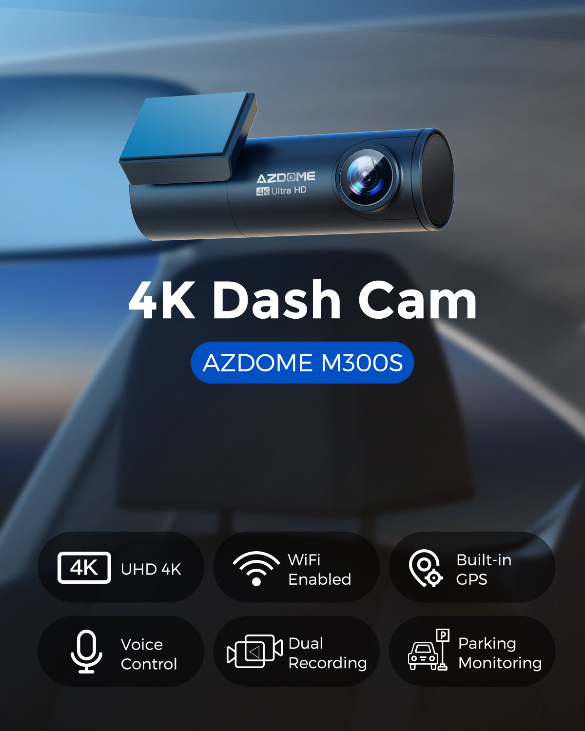 AZDOME M300S 4K Dash Cam with 5.8G WiFi 64GB SD Card, 170° Dash Cam Front and Rear GPS Voice Control WDR Night Vision G-Sensor 24H Parking Monitor, Easy to Install, Max Up Support to 256GB