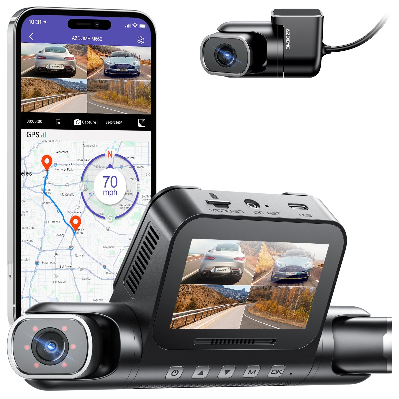 AZDOME M660 4 Channel 360° Dash Cam Front Rear Inside with 128GB eMMC, 2.5K+1K+1K+1K Dashcam 5G WiFi Dash Camera for Cars, IR Night Vision, Smart Voice Control, Parking Mode, Fatigue Driving Reminder