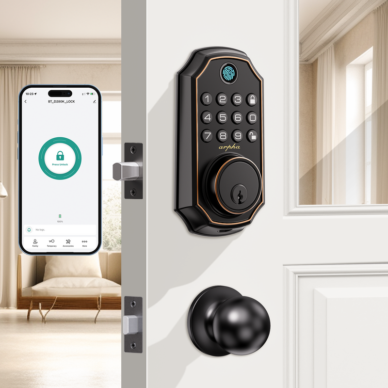 Load image into Gallery viewer, Arpha D280K Keyless Entry Door Lock Deadbolt with Handle Set - Arpha 100 Code Smart Fingerprint Door Lock with App Control, Anti-Peeping Password Auto Lock, One Time Code, Zinc Alloy Black
