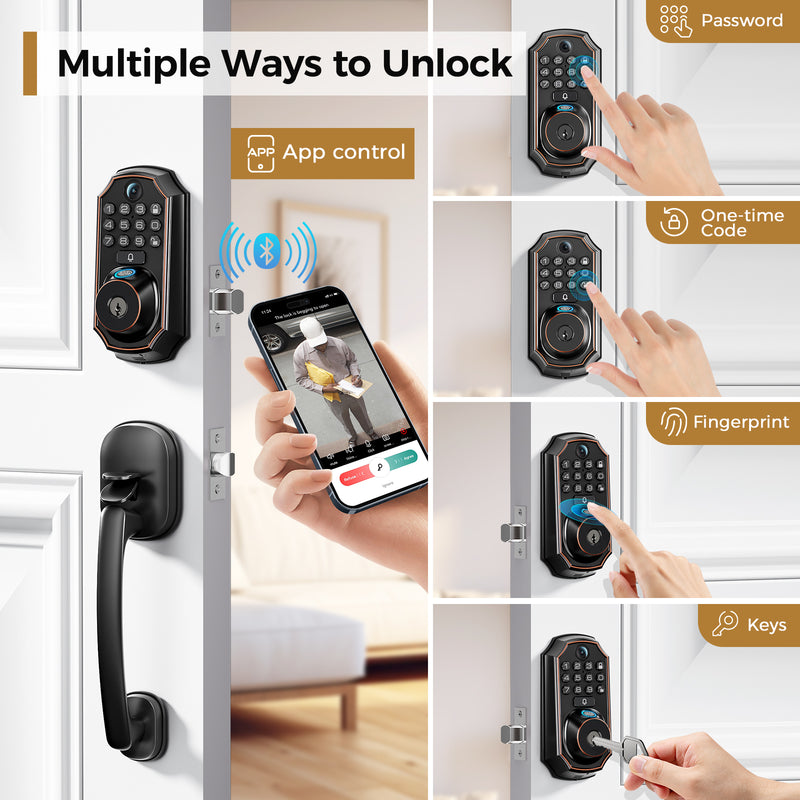 Load image into Gallery viewer, Arpha D289H Keyless Entry Door Lock Deadbolt with Handle Set - WiFi Door Lock with Camera - 5 in 1 Camera+Doorbell+Fingerprint Keyless Entry Door Lock, App Control, Auto Lock Easy to Instal, Waterproof
