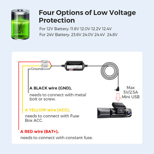 AZDOME JYX02 3-Lead ACC Hardwire Kit Mini-USB Port for M550(Pro)/M01 Pro/M17 Dash Cam