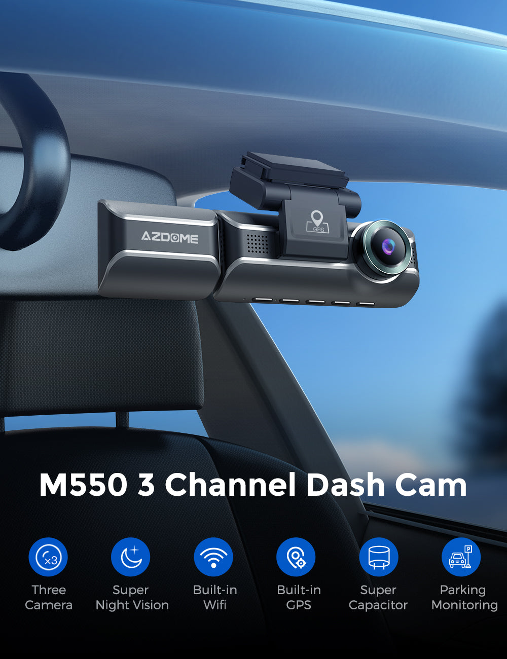 AZDOME M550 3 Channel Dash Cam, 4K+1080P Dual Dash Camera for Cars Built-in WiFi GPS, 1440P+1080P+1080P Front and Rear Inside, 64GB Card Included, 3.19