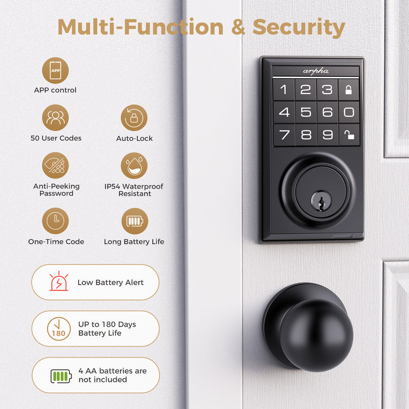 Load image into Gallery viewer, Arpha D100K Keypad Door Lock with Handle - App Control Keyless Entry Door Lock - Smart Keypad Deadbolt with 2 Door Knobs - 100 Code Door Locks for Front Door - One Time Code - Auto Lock Easy to Install
