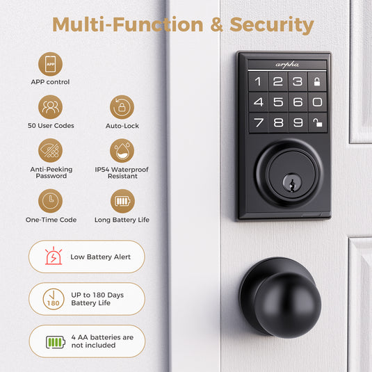 Arpha D100K Keypad Door Lock with Handle - App Control Keyless Entry Door Lock - Smart Keypad Deadbolt with 2 Door Knobs - 100 Code Door Locks for Front Door - One Time Code - Auto Lock Easy to Install