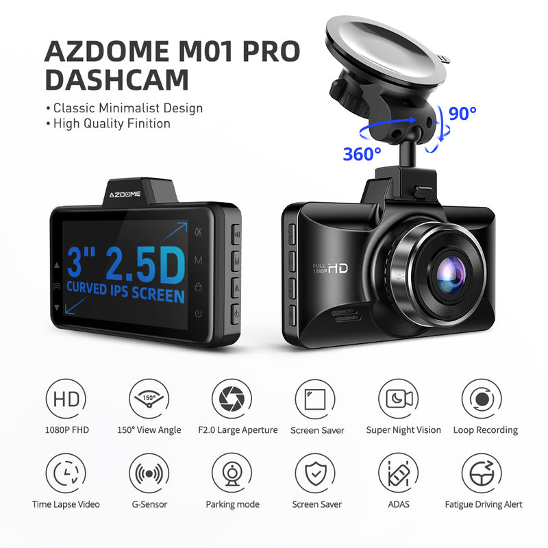 Load image into Gallery viewer, AZDOME M01 Pro Dual Dash Cam Front and Rear, 3 inch 2.5D IPS Screen Free 64GB Card Car Driving Recorder, 1080P FHD Dashboard Camera, Waterproof Backup Camera Night Vision, Park Monitor, G-Sensor, for Car Taxi
