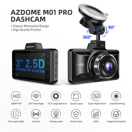 AZDOME M01 Pro Dual Dash Cam Front and Rear, 3 inch 2.5D IPS Screen Free 64GB Card Car Driving Recorder, 1080P FHD Dashboard Camera, Waterproof Backup Camera Night Vision, Park Monitor, G-Sensor, for Car Taxi