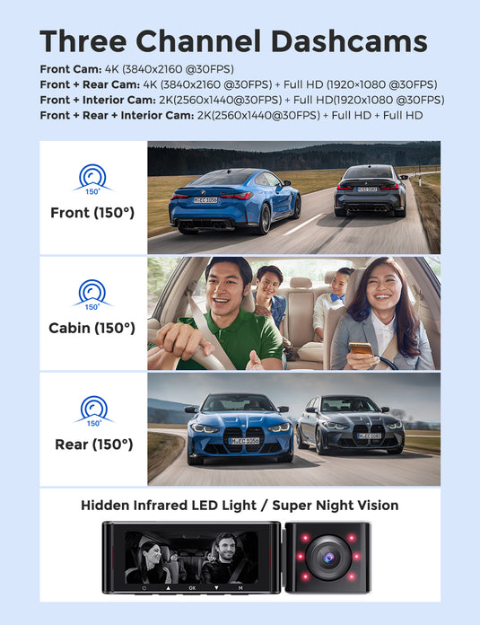 AZDOME M550 3 Channel Dash Cam, 4K+1080P Dual Dash Camera for Cars Built-in WiFi GPS, 1440P+1080P+1080P Front and Rear Inside, 64GB Card Included, 3.19" IPS Screen, WDR, IR Night Vision, Parking Mode