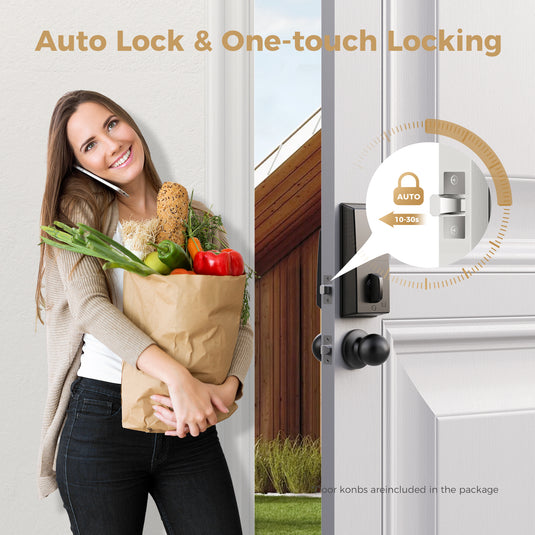 Arpha D100K Keypad Door Lock with Handle - App Control Keyless Entry Door Lock - Smart Keypad Deadbolt with 2 Door Knobs - 100 Code Door Locks for Front Door - One Time Code - Auto Lock Easy to Install