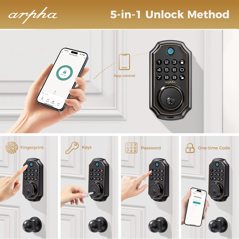 Load image into Gallery viewer, Arpha D280K Keyless Entry Door Lock Deadbolt with Handle Set - Arpha 100 Code Smart Fingerprint Door Lock with App Control, Anti-Peeping Password Auto Lock, One Time Code, Zinc Alloy Black
