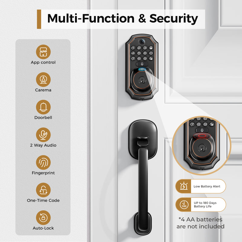 Load image into Gallery viewer, Arpha D289H Keyless Entry Door Lock Deadbolt with Handle Set - WiFi Door Lock with Camera - 5 in 1 Camera+Doorbell+Fingerprint Keyless Entry Door Lock, App Control, Auto Lock Easy to Instal, Waterproof
