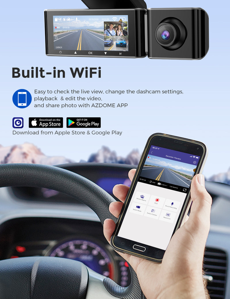 Load image into Gallery viewer, AZDOME M550 3 Channel Dash Cam, 4K+1080P Dual Dash Camera for Cars Built-in WiFi GPS, 1440P+1080P+1080P Front and Rear Inside, 64GB Card Included, 3.19&quot; IPS Screen, WDR, IR Night Vision, Parking Mode
