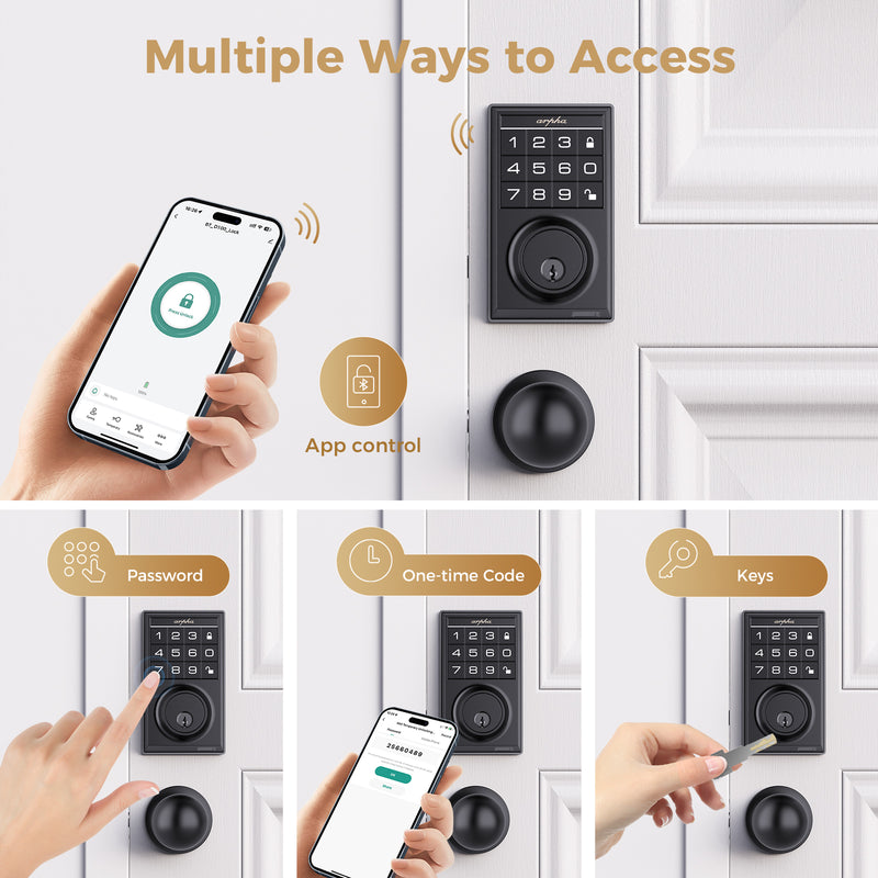 Load image into Gallery viewer, Arpha D100K Keypad Door Lock with Handle - App Control Keyless Entry Door Lock - Smart Keypad Deadbolt with 2 Door Knobs - 100 Code Door Locks for Front Door - One Time Code - Auto Lock Easy to Install
