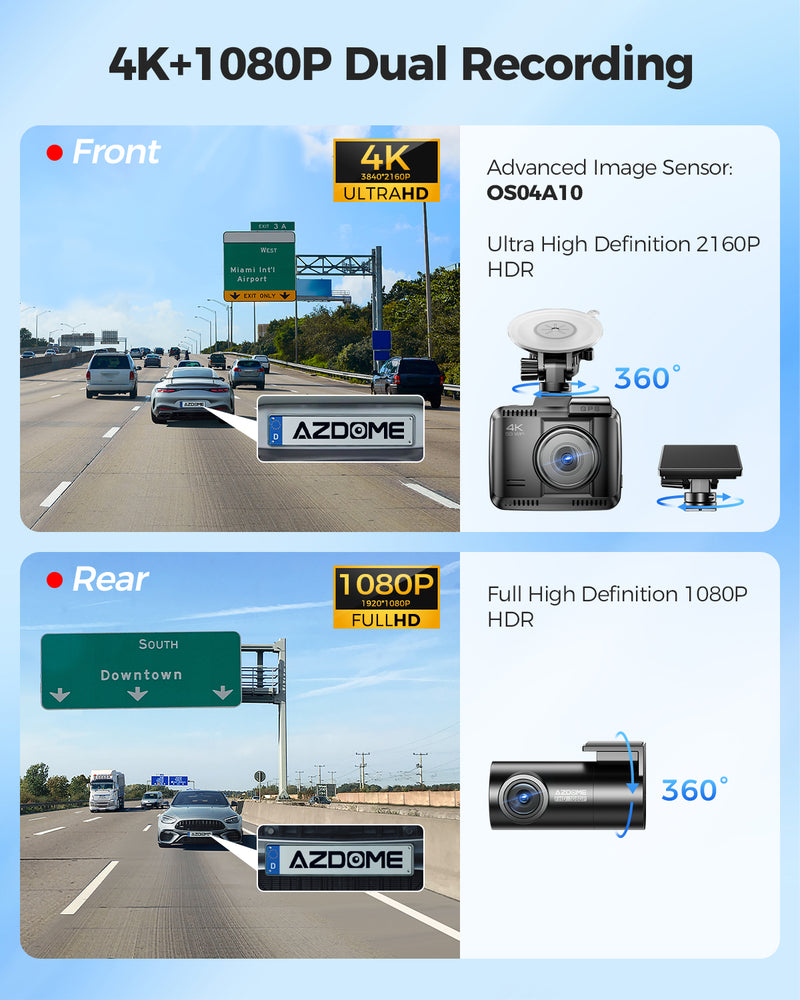 Load image into Gallery viewer, AZDOME GS63 Pro 4K HDR Dash Cam with No-Light Full-Color Night Vision, 128GB eMMC, ADAS, 4K+1080P Dashcam Front and Rear, 5GHz WiFi GPS 24H Parking Mode Car Camera
