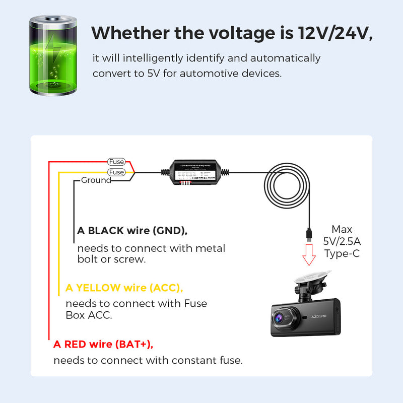 Load image into Gallery viewer, AZDOME JYX05 3-Lead Acc Hardwire Kit Type-C Port, 12ft with Fuse Kit
