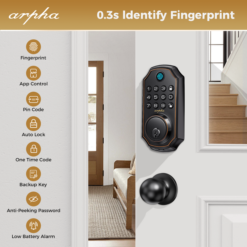 Load image into Gallery viewer, Arpha D280K Keyless Entry Door Lock Deadbolt with Handle Set - Arpha 100 Code Smart Fingerprint Door Lock with App Control, Anti-Peeping Password Auto Lock, One Time Code, Zinc Alloy Black
