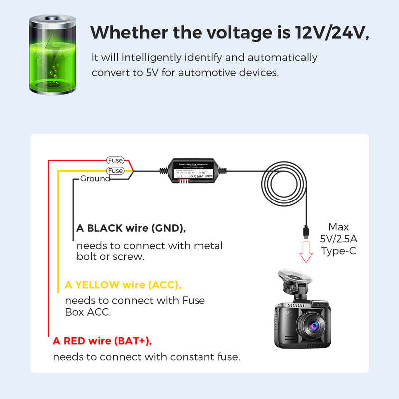 Load image into Gallery viewer, AZDOME JYX05 3-Lead Acc Hardwire Kit Type-C Port, 12ft with Fuse Kit
