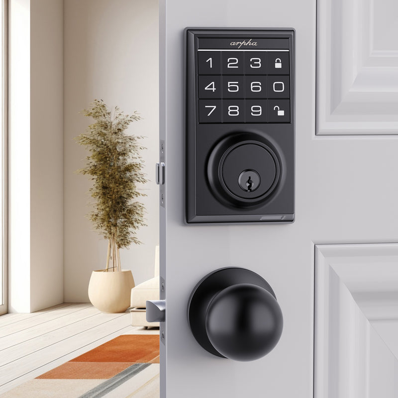 Load image into Gallery viewer, Arpha D100K Keypad Door Lock with Handle - App Control Keyless Entry Door Lock - Smart Keypad Deadbolt with 2 Door Knobs - 100 Code Door Locks for Front Door - One Time Code - Auto Lock Easy to Install
