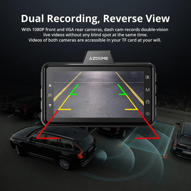 Load image into Gallery viewer, AZDOME M01 Pro Dual Dash Cam Front and Rear, 3 inch 2.5D IPS Screen Free 64GB Card Car Driving Recorder, 1080P FHD Dashboard Camera, Waterproof Backup Camera Night Vision, Park Monitor, G-Sensor, for Car Taxi
