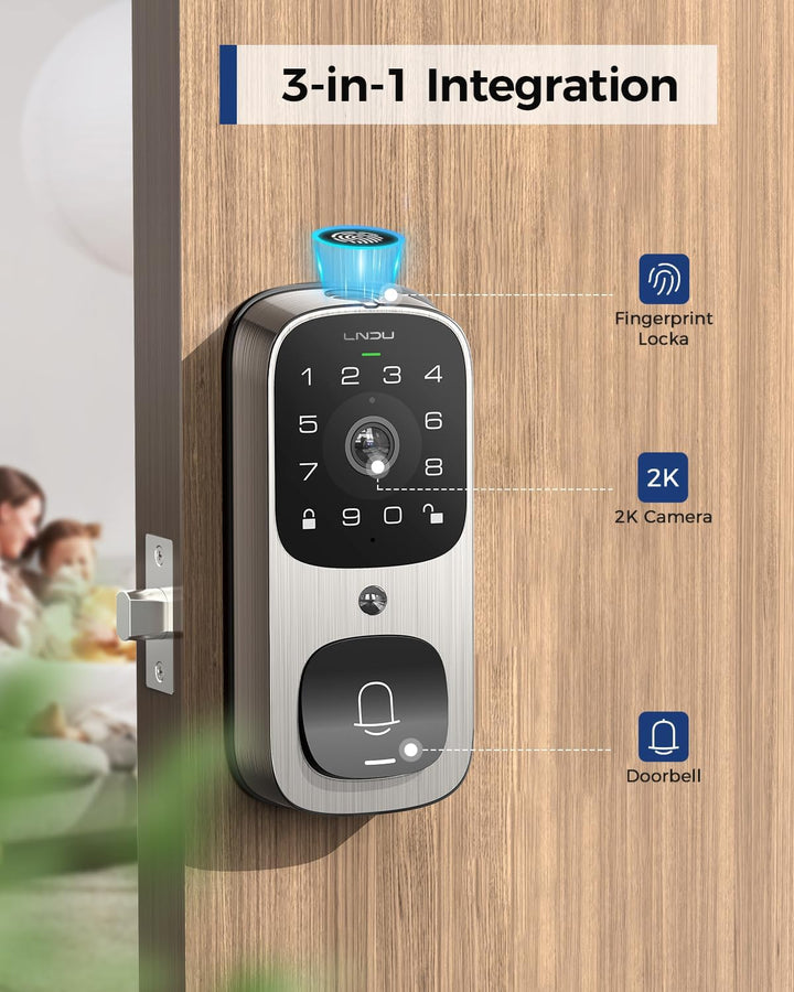 Smart Lock with 6 in 1 Camera+Doorbell+Fingerprint Keyless Entry, WiFi Door Lock for Front Door with 32GB eMMC, 2K Doorbell Camera, App Control, PIR Detection, Chime Included