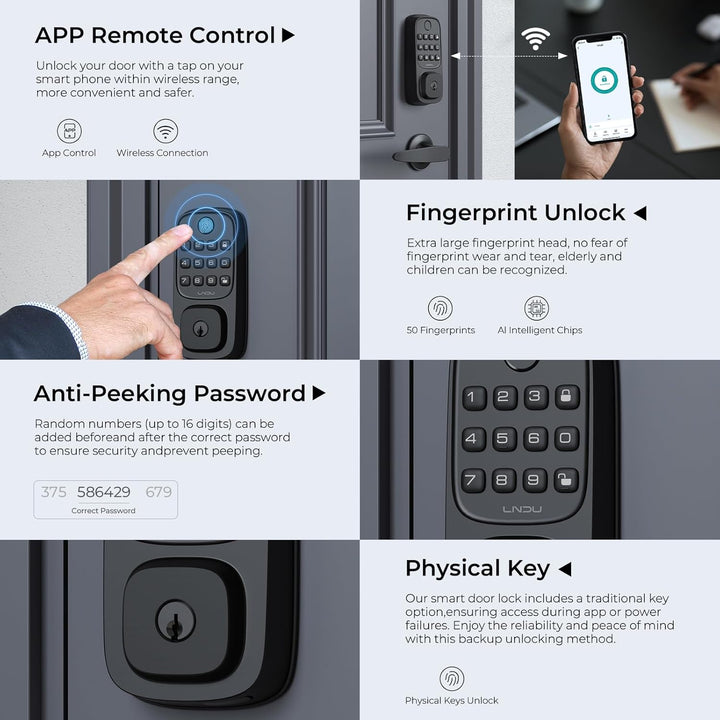 WiFi Door Lock with 2 Handle Set, Fingerprint Keyless Entry Door Lock, Built-in Wi-Fi, App Remote Control, Smart Keypad Deadbolt, Safety Lock for Front Door, Support Alexa, Easy Installation
