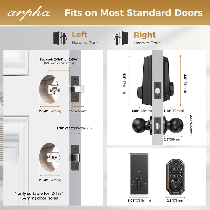 Load image into Gallery viewer, Arpha D280K Keyless Entry Door Lock Deadbolt with Handle Set - Arpha 100 Code Smart Fingerprint Door Lock with App Control, Anti-Peeping Password Auto Lock, One Time Code, Zinc Alloy Black
