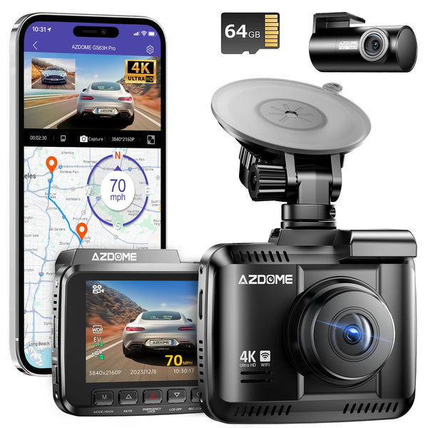 AZDOME GS63H Pro 4K Dash Cam Front and Rear, 2160P Car Camera for Car, 64GB Card Included, WiFi Dash Cam with GPS and Speed, 2.4" Screen Dashcam with WDR Night Vision Motion Detection 24H Parking Mode