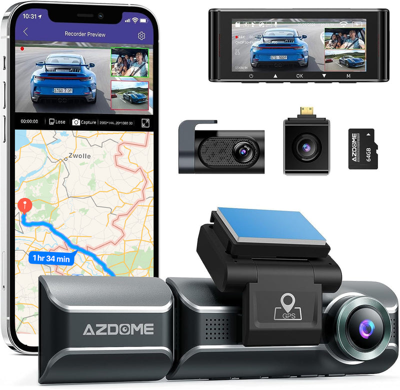 Load image into Gallery viewer, AZDOME M550 3 Channel Dash Cam, 4K+1080P Dual Dash Camera for Cars Built-in WiFi GPS, 1440P+1080P+1080P Front and Rear Inside, 64GB Card Included, 3.19&quot; IPS Screen, WDR, IR Night Vision, Parking Mode
