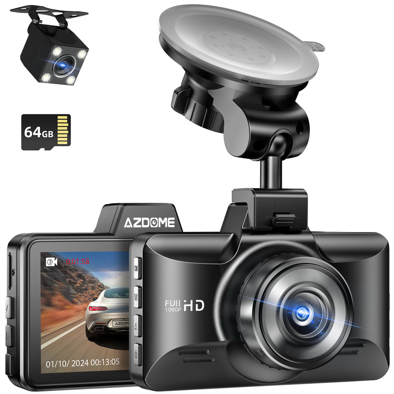 Load image into Gallery viewer, AZDOME M01 Pro Dual Dash Cam Front and Rear, 3 inch 2.5D IPS Screen Free 64GB Card Car Driving Recorder, 1080P FHD Dashboard Camera, Waterproof Backup Camera Night Vision, Park Monitor, G-Sensor, for Car Taxi
