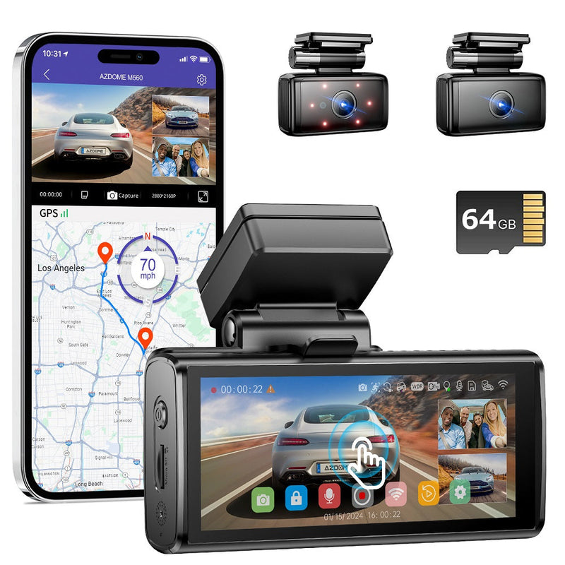 Load image into Gallery viewer, AZDOME M580-3CH 5K 5GHz WiFi 3 Channel Dash Cam, 4 Inch Touchscreen Dash Cam, Free 64GB Card 4K+1080P GPS WDR Night Vision 24H 4 Modes Parking Monitor, Max up Support to 256GB
