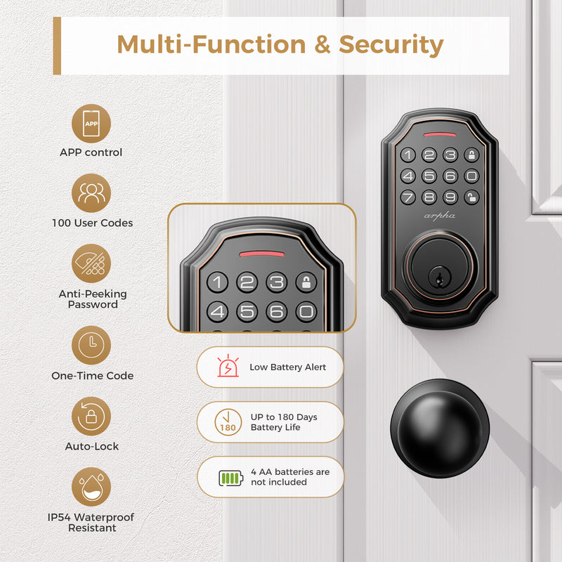 Load image into Gallery viewer, Arpha D180K Keyless Entry Door Lock with 2 Door Knobs - App Control Electronic Keypad Deadbolt Smart Lock - 100 Code Keypad Door Lock with Handle - Front Door Lock Set - One Time Code - Auto Lock Easy to Instal
