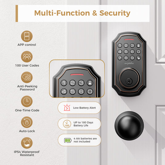 Arpha D180K Keyless Entry Door Lock with 2 Door Knobs - App Control Electronic Keypad Deadbolt Smart Lock - 100 Code Keypad Door Lock with Handle - Front Door Lock Set - One Time Code - Auto Lock Easy to Instal