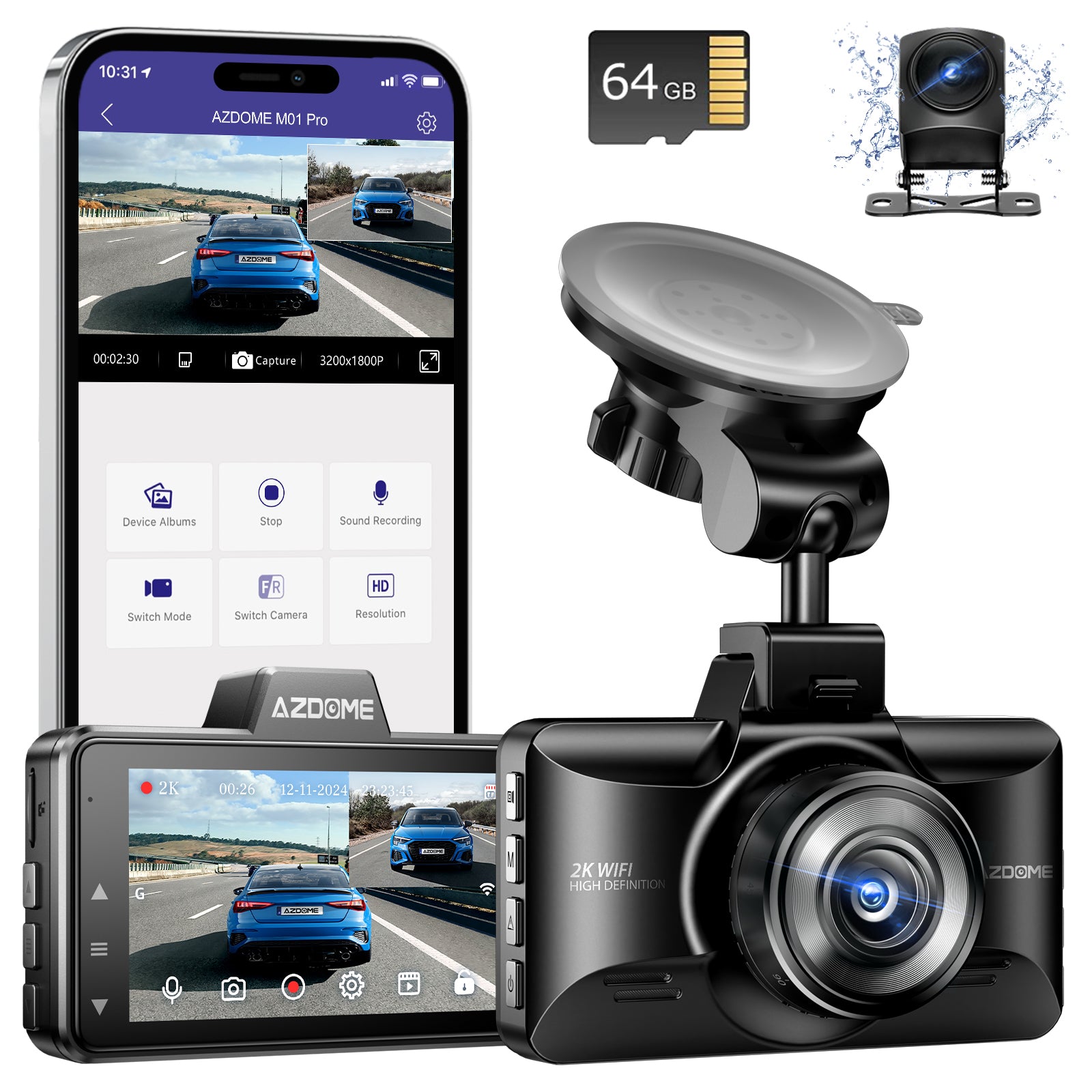 AZDOME Upgraded M01 Pro 3K WiFi Dash Cam Front and Rear with Free 64GB Card, App Control, 3