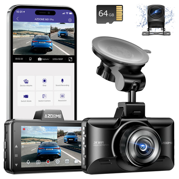 AZDOME Upgraded M01 Pro 3K WiFi Dash Cam Front and Rear with Free 64GB Card, App Control, 3" Screen Dual Dash Camera for Car Built-in ADAS G-Sensor, 24H Parking Mode Car Camera