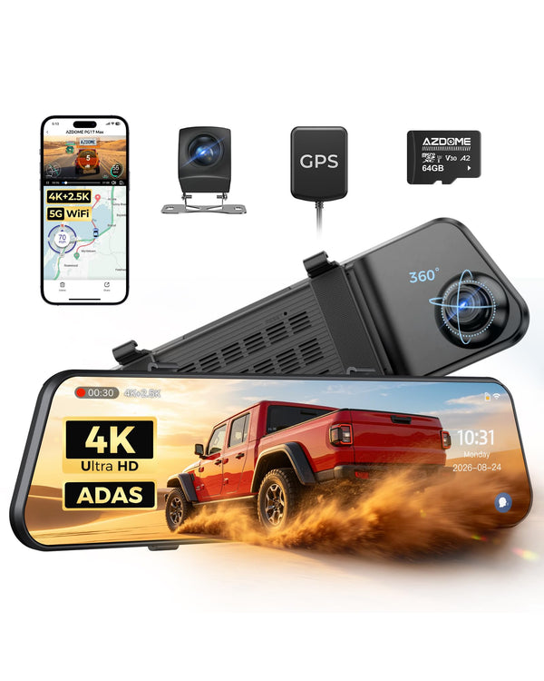 AZDOME PG17 MAX 12" 4K+2.5K Rearview Mirror Dash Cam with ADAS, 64GB Card Included