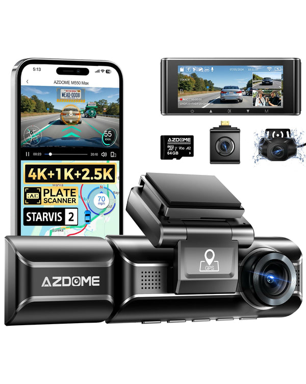 AZDOME M550 Max 4K 3 Channel Dash Cam Front and Rear Inside, Dual STARVIS 2
